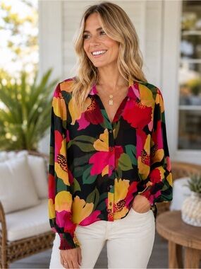 Cabi Floral Button Front Blouse Black Pink Smocked Cuff XS